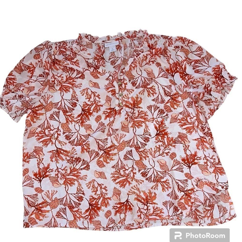 Liz Claiborne Coral Reef Women’s White Coral V Neck Short Sleeve Blouse sz PL